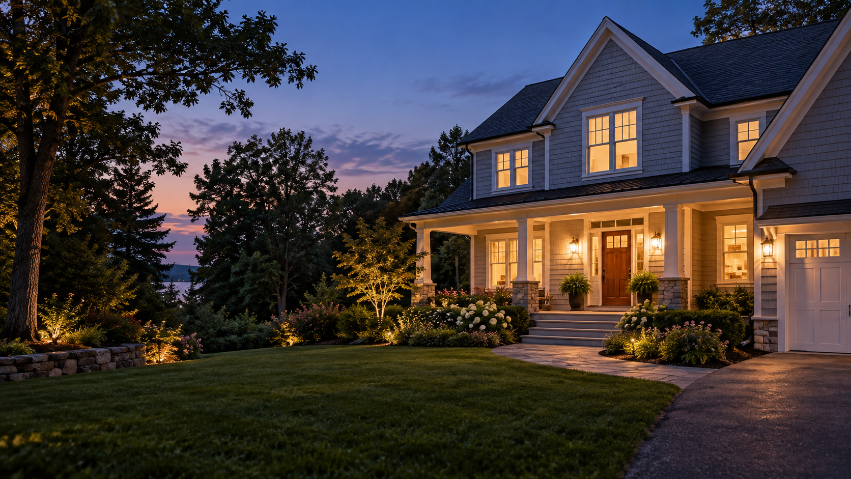 Two-story home with warm porch lights at dusk